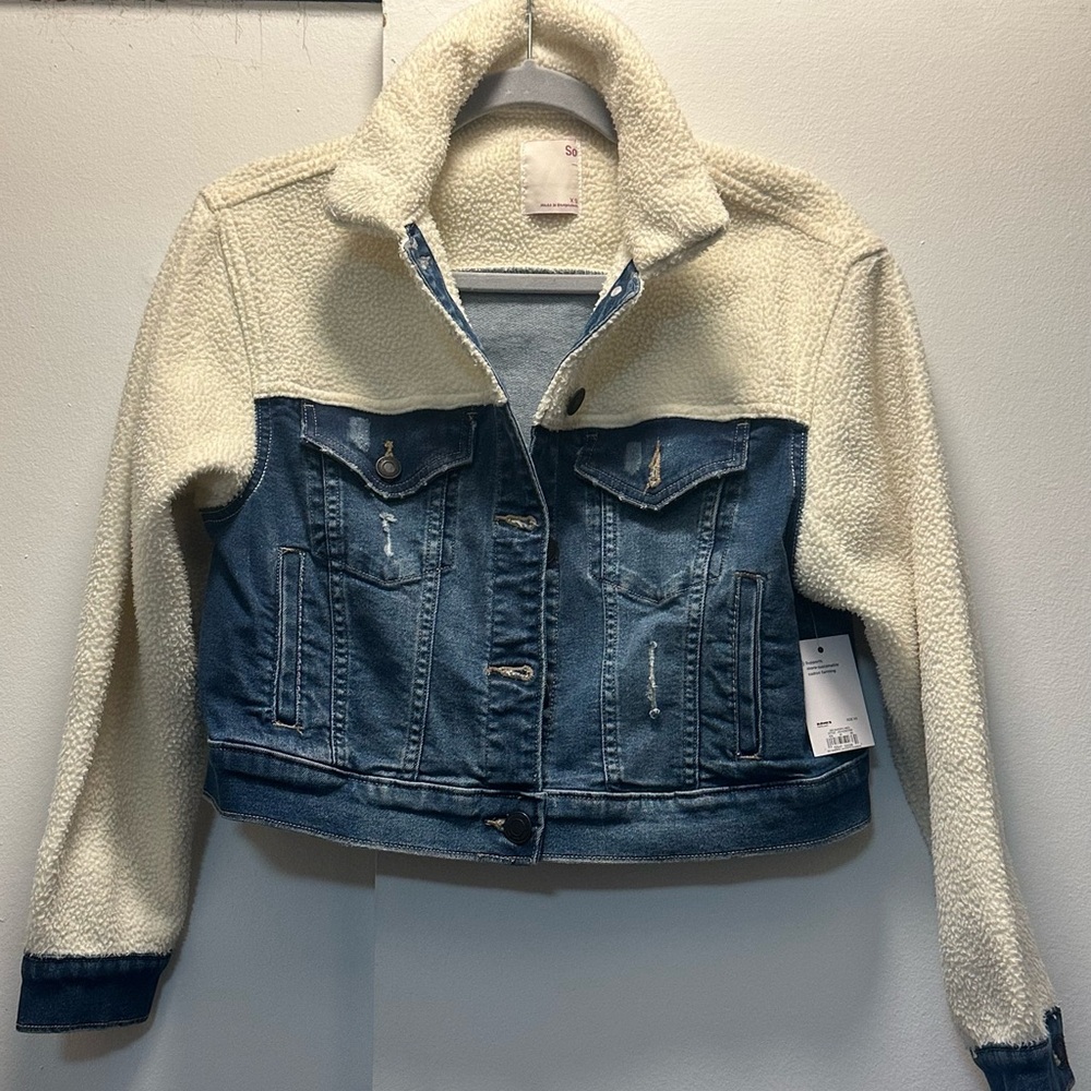 SO Cream and Blue Cropped Jean Jacket